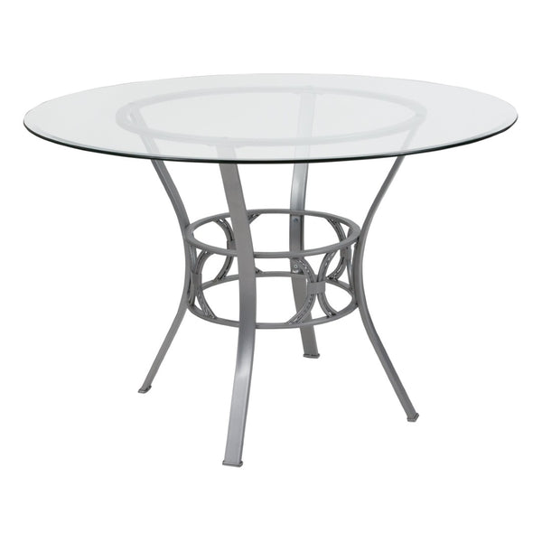 English Elm Carlisle Round Glass Dining Table with Elegant Silver Frame - Modern Design for Stylish Gatherings Clear Top/Silver Frame 45" Round XU-TBG-20-GG