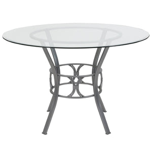 English Elm Carlisle Round Glass Dining Table with Elegant Silver Frame - Modern Design for Stylish Gatherings Clear Top/Silver Frame 45" Round XU-TBG-20-GG