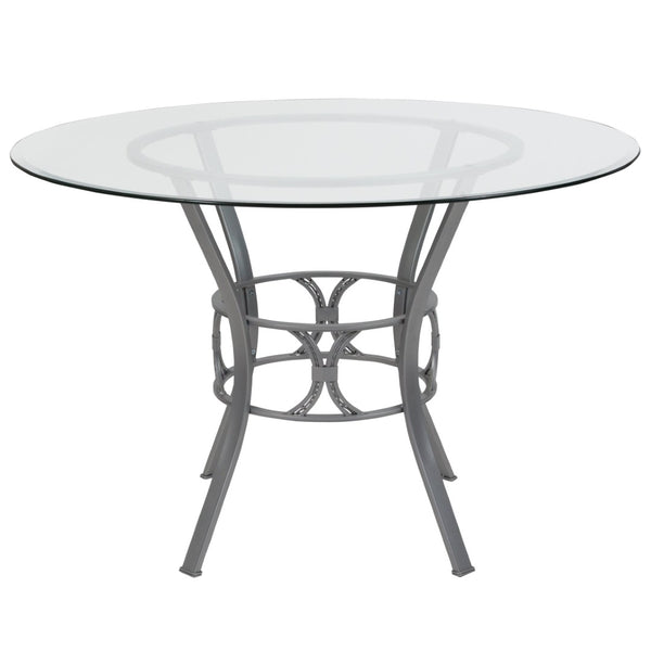 English Elm Carlisle Round Glass Dining Table with Elegant Silver Frame - Modern Design for Stylish Gatherings Clear Top/Silver Frame 45" Round XU-TBG-20-GG