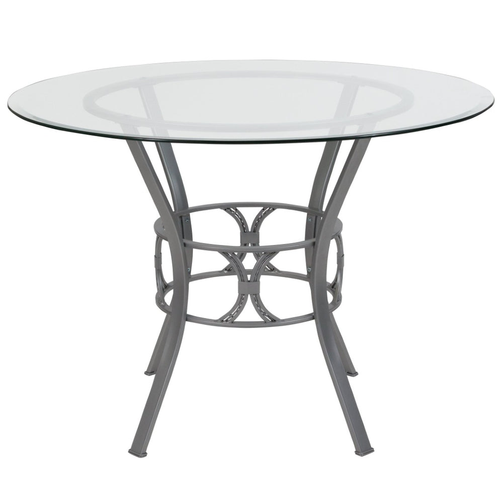 English Elm Carlisle Elegant Round Glass Dining Table with Stylish Silver Metal Base for Modern Interiors Clear Top/Silver Frame 42" Round XU-TBG-21-GG
