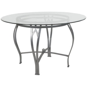 English Elm Syracuse Modern Glass Dining Table with Ornamental Pedestal Base - Perfect for Elegant Gatherings Clear Top/Silver Frame 48" Round XU-TBG-22-GG