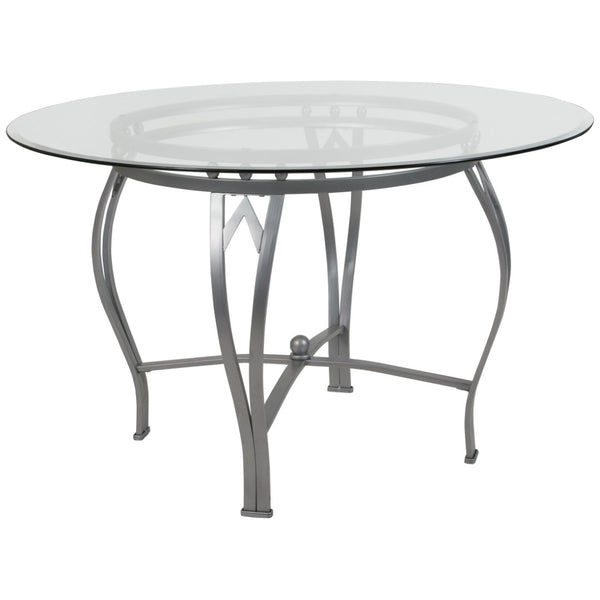 English Elm Syracuse Modern Glass Dining Table with Ornamental Pedestal Base - Perfect for Elegant Gatherings Clear Top/Silver Frame 48" Round XU-TBG-22-GG