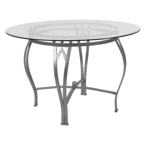 English Elm Syracuse Modern Glass Dining Table with Elegant Pedestal Base for Stylish Dining Experiences Clear Top/Silver Frame 45" Round XU-TBG-23-GG