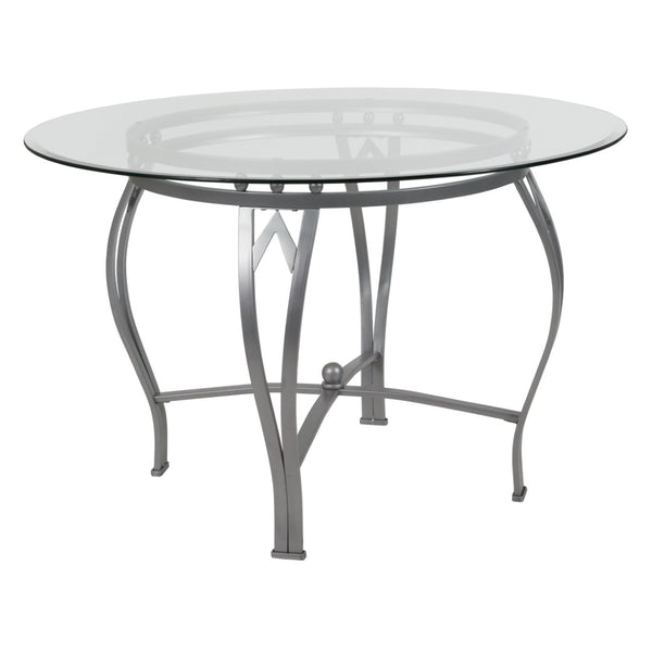 English Elm Syracuse Modern Glass Dining Table with Elegant Pedestal Base for Stylish Dining Experiences Clear Top/Silver Frame 45" Round XU-TBG-23-GG