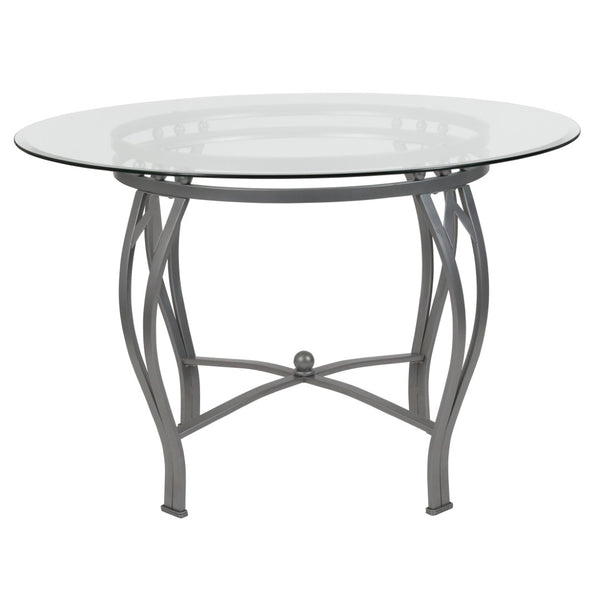 English Elm Syracuse Modern Glass Dining Table with Elegant Pedestal Base for Stylish Dining Experiences Clear Top/Silver Frame 45" Round XU-TBG-23-GG