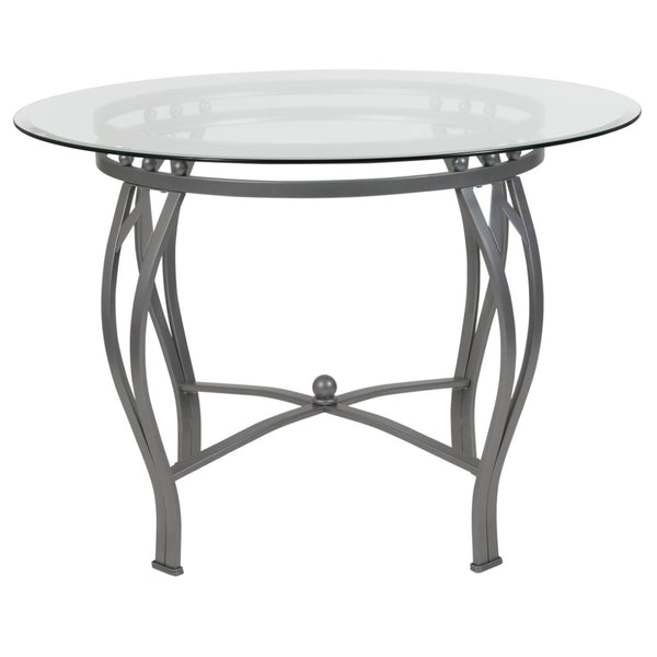English Elm Syracuse Modern Round Glass Dining Table with Silver Metal Frame for Stylish Contemporary Spaces Clear Top/Silver Frame 42" Round XU-TBG-24-GG