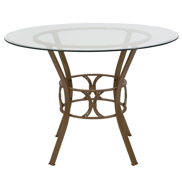 English Elm Carlisle Elegant Round Glass Dining Table with Stylish Silver Metal Base for Modern Interiors Clear Top/Matte Gold Frame 42" Round XU-TBG-3-GG