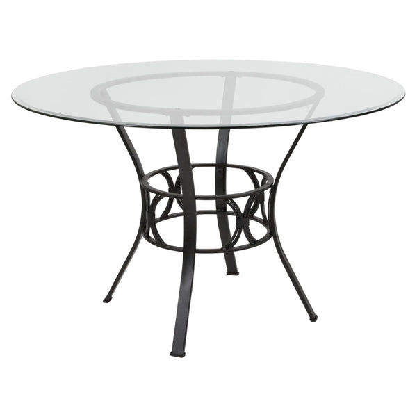 English Elm Carlisle Glass Dining Table with Sculptural Silver Base – Modern Elegance for Your Dining Room Clear Top/Black Frame 48" Round XU-TBG-4-GG