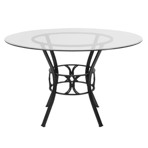 English Elm Carlisle Glass Dining Table with Sculptural Silver Base – Modern Elegance for Your Dining Room Clear Top/Black Frame 48" Round XU-TBG-4-GG