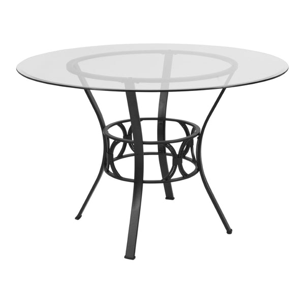 English Elm Carlisle Round Glass Dining Table with Elegant Silver Frame - Modern Design for Stylish Gatherings Clear Top/Black Frame 45" Round XU-TBG-5-GG