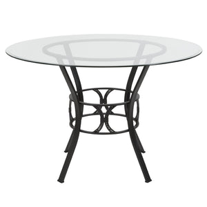 English Elm Carlisle Round Glass Dining Table with Elegant Silver Frame - Modern Design for Stylish Gatherings Clear Top/Black Frame 45" Round XU-TBG-5-GG