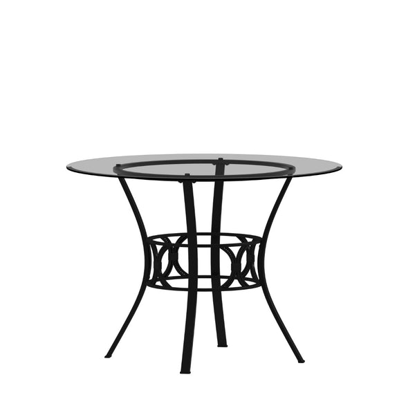 English Elm Carlisle Elegant Round Glass Dining Table with Stylish Silver Metal Base for Modern Interiors Clear Top/Black Frame 42" Round XU-TBG-6-GG