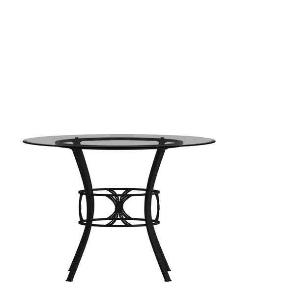 English Elm Carlisle Elegant Round Glass Dining Table with Stylish Silver Metal Base for Modern Interiors Clear Top/Black Frame 42" Round XU-TBG-6-GG