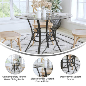 English Elm Carlisle Elegant Round Glass Dining Table with Stylish Silver Metal Base for Modern Interiors Clear Top/Black Frame 42" Round XU-TBG-6-GG