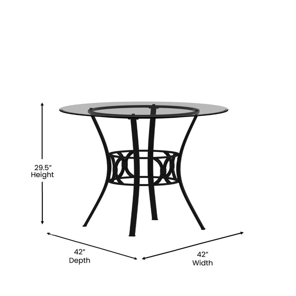 English Elm Carlisle Elegant Round Glass Dining Table with Stylish Silver Metal Base for Modern Interiors Clear Top/Black Frame 42" Round XU-TBG-6-GG