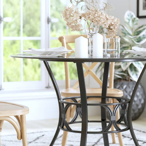 English Elm Carlisle Elegant Round Glass Dining Table with Stylish Silver Metal Base for Modern Interiors Clear Top/Black Frame 42" Round XU-TBG-6-GG