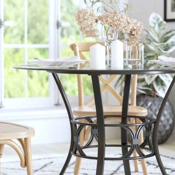 English Elm Carlisle Elegant Round Glass Dining Table with Stylish Silver Metal Base for Modern Interiors Clear Top/Black Frame 42" Round XU-TBG-6-GG