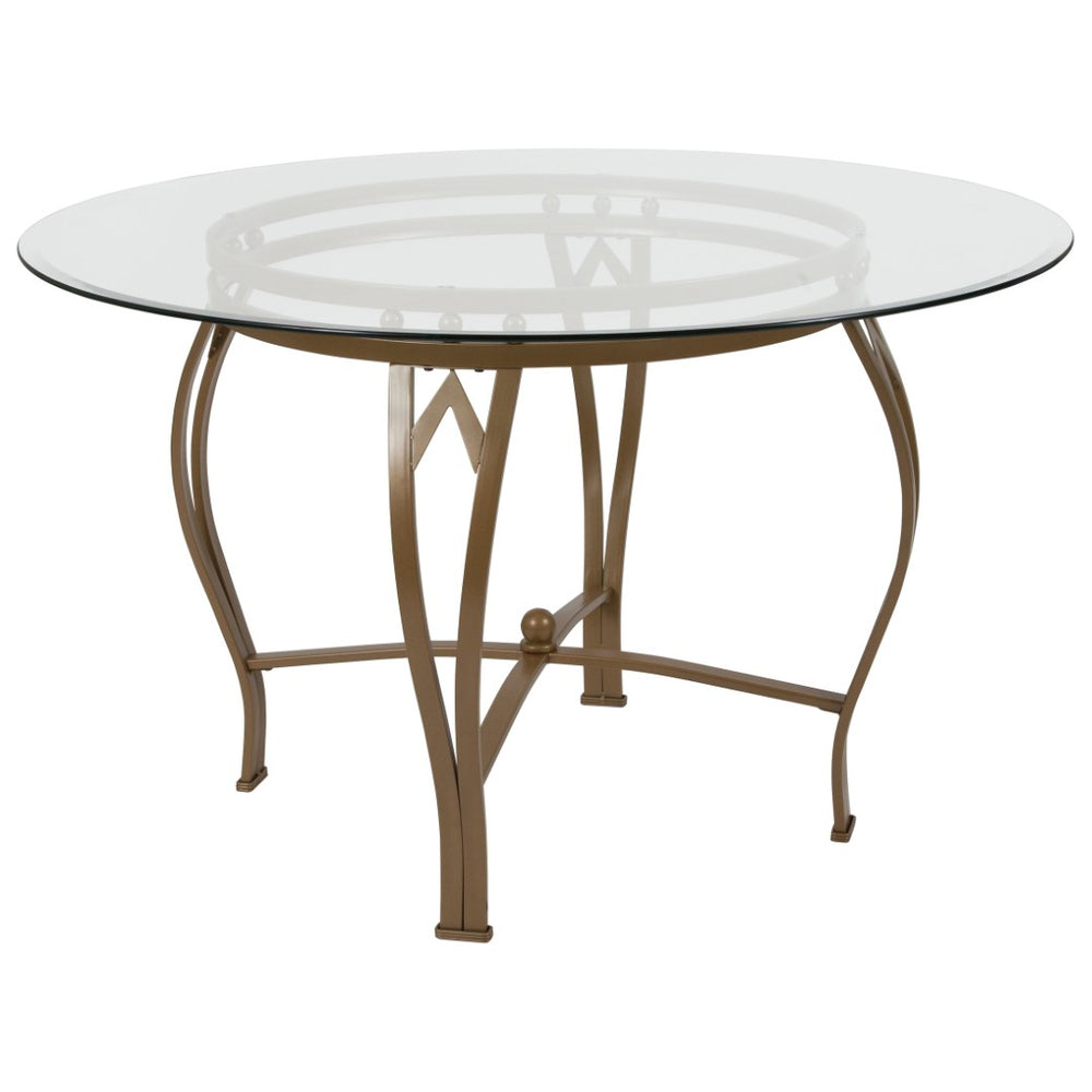 English Elm Syracuse Modern Glass Dining Table with Ornamental Pedestal Base - Perfect for Elegant Gatherings Clear Top/Matte Gold Frame 48" Round XU-TBG-7-GG