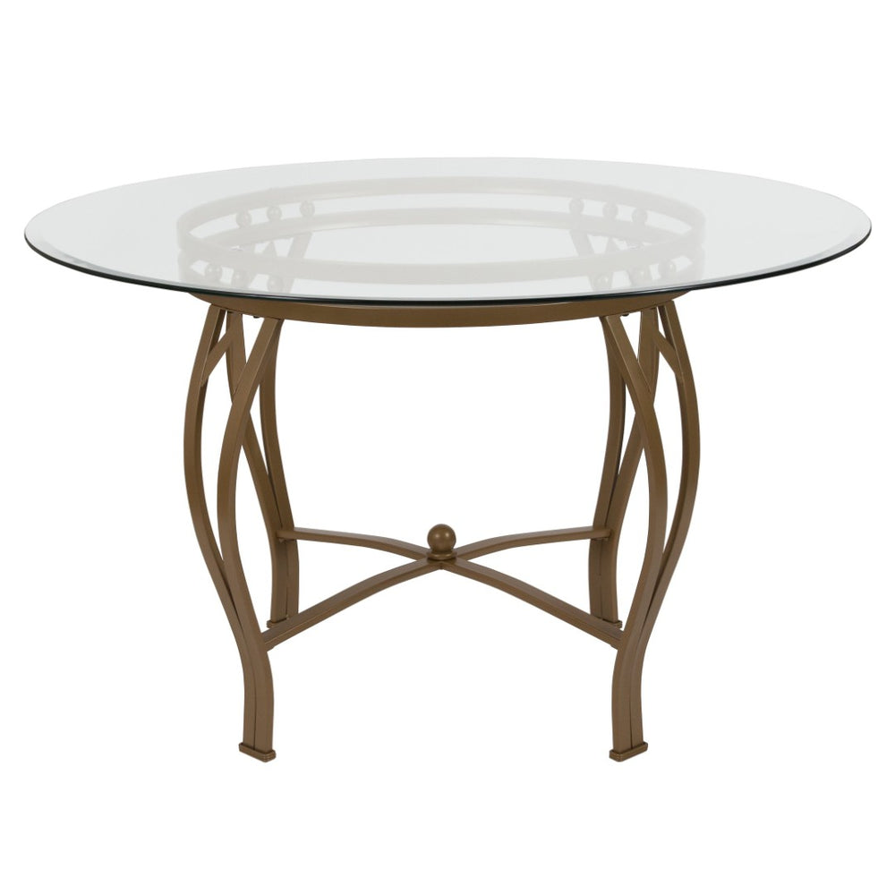 English Elm Syracuse Modern Glass Dining Table with Ornamental Pedestal Base - Perfect for Elegant Gatherings Clear Top/Matte Gold Frame 48" Round XU-TBG-7-GG