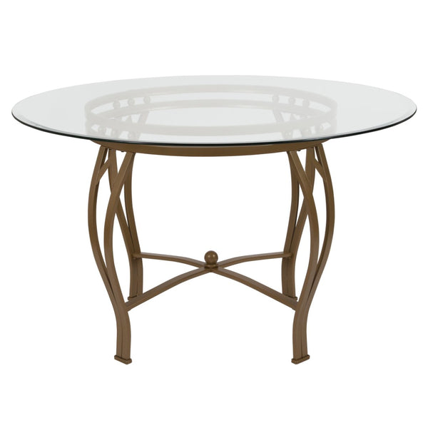 English Elm Syracuse Modern Glass Dining Table with Ornamental Pedestal Base - Perfect for Elegant Gatherings Clear Top/Matte Gold Frame 48" Round XU-TBG-7-GG