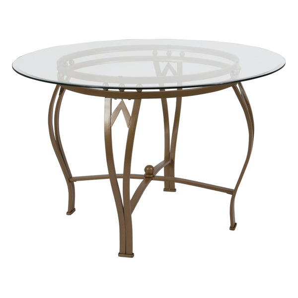 English Elm Syracuse Modern Glass Dining Table with Elegant Pedestal Base for Stylish Dining Experiences Clear Top/Matte Gold Frame 45" Round XU-TBG-8-GG