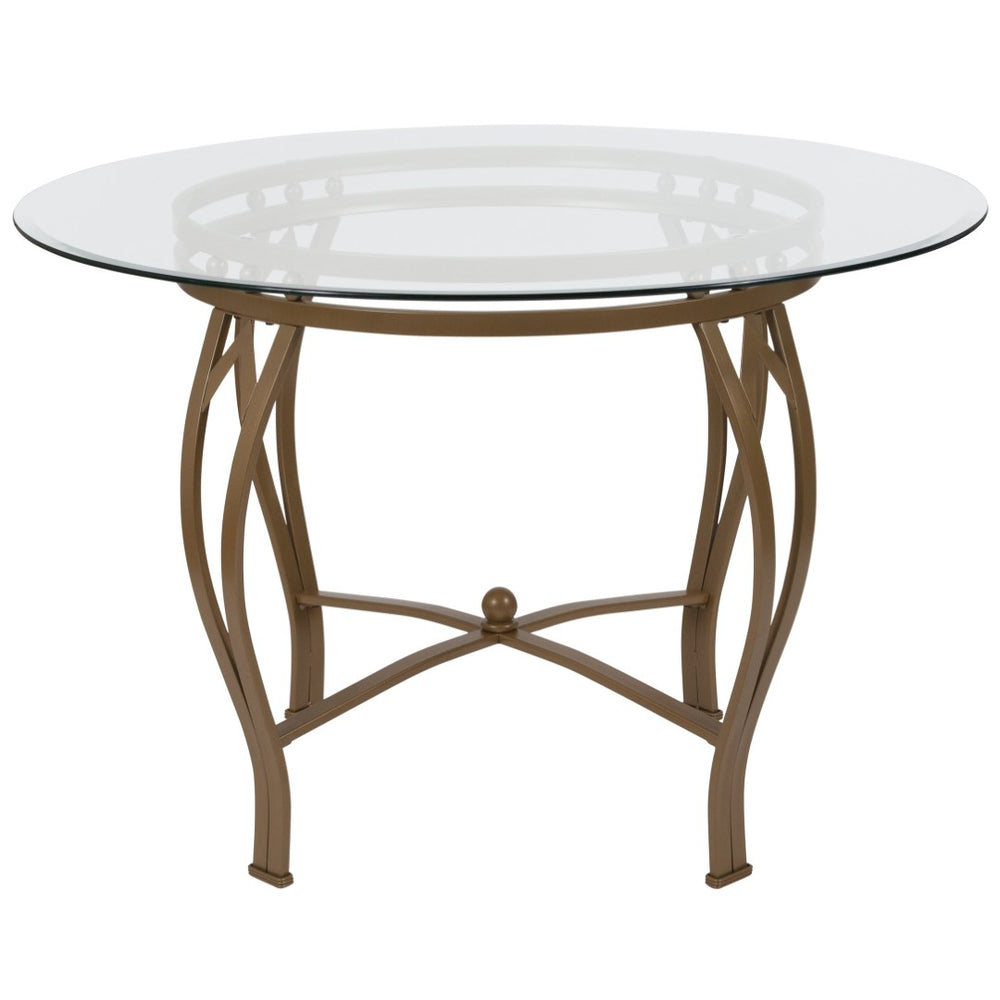 English Elm Syracuse Modern Glass Dining Table with Elegant Pedestal Base for Stylish Dining Experiences Clear Top/Matte Gold Frame 45" Round XU-TBG-8-GG