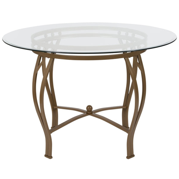 English Elm Syracuse Modern Glass Dining Table with Elegant Pedestal Base for Stylish Dining Experiences Clear Top/Matte Gold Frame 45" Round XU-TBG-8-GG