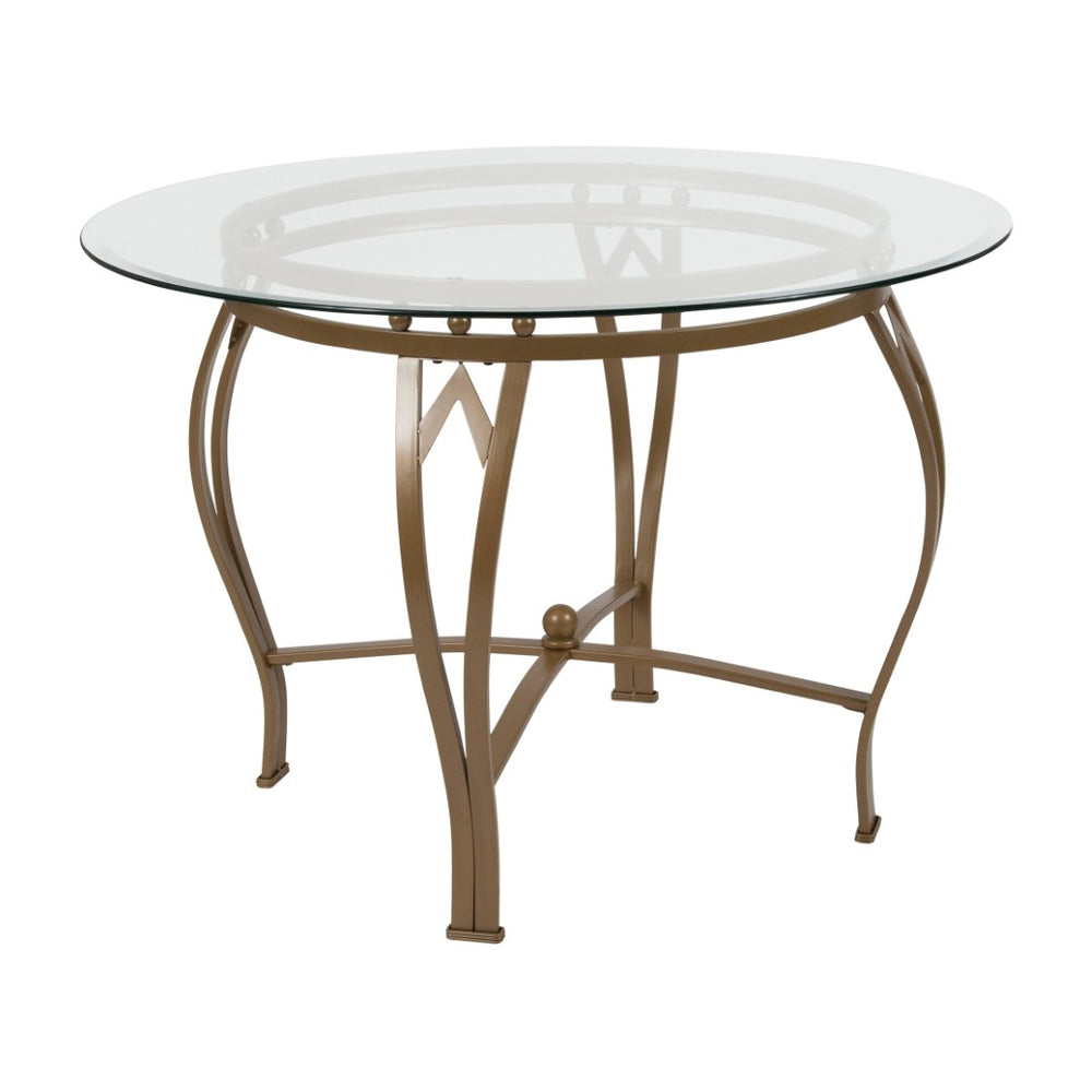 English Elm Syracuse Modern Round Glass Dining Table with Silver Metal Frame for Stylish Contemporary Spaces Clear Top/Matte Gold Frame 42" Round XU-TBG-9-GG