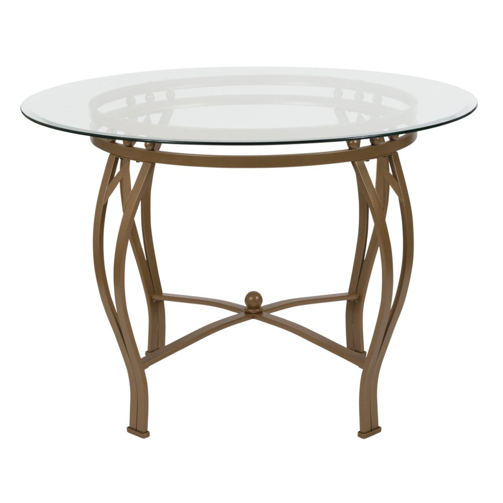 English Elm Syracuse Modern Round Glass Dining Table with Silver Metal Frame for Stylish Contemporary Spaces Clear Top/Matte Gold Frame 42" Round XU-TBG-9-GG