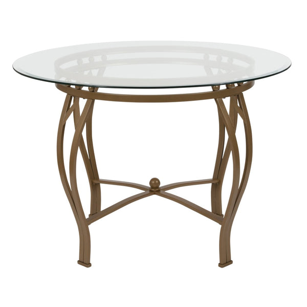 English Elm Syracuse Modern Round Glass Dining Table with Silver Metal Frame for Stylish Contemporary Spaces Clear Top/Matte Gold Frame 42" Round XU-TBG-9-GG