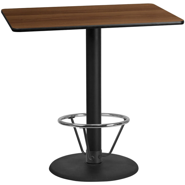 English Elm Stiles Durable Rectangular Laminate Table Top with Round Bar-Height Base for Commercial Spaces Walnut 30"W x 48"L XU-WALTB-3048-TR24B-4CFR-GG