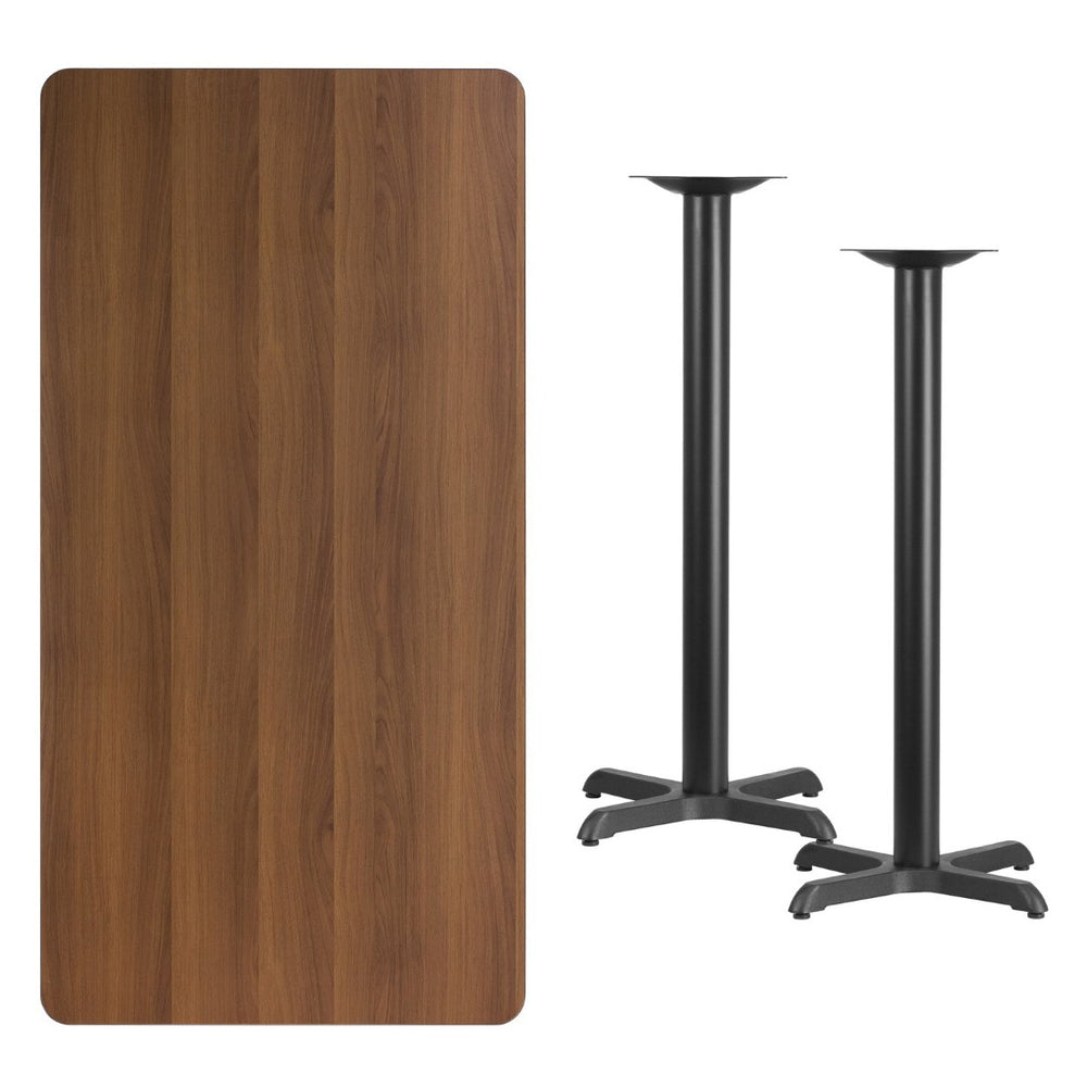 English Elm Stiles Rectangular Laminate Table Top with Durable Bar Height Bases for Commercial or Home Use Walnut 30"W x 60"L XU-WALTB-3060-T2222B-GG