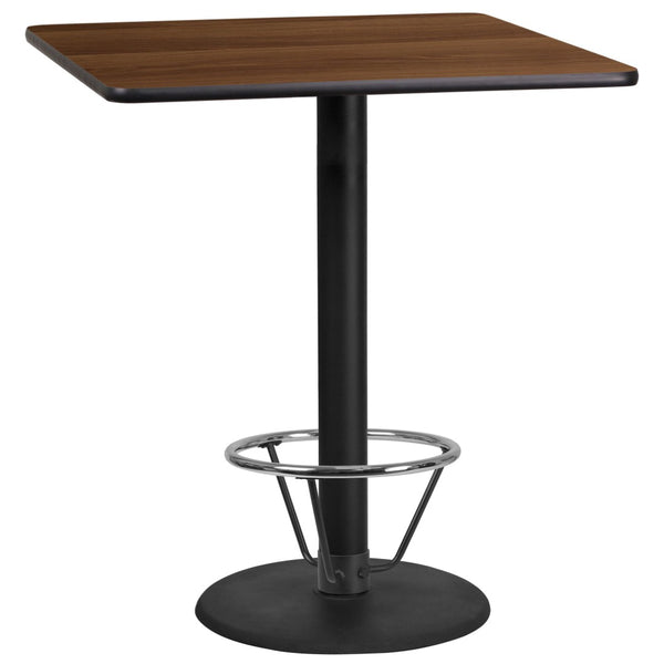 English Elm Stiles Commercial-Grade Laminate Bar Height Table Set with Durable Cast Iron Base and Foot Ring Walnut 36" Square XU-WALTB-3636-TR24B-4CFR-GG