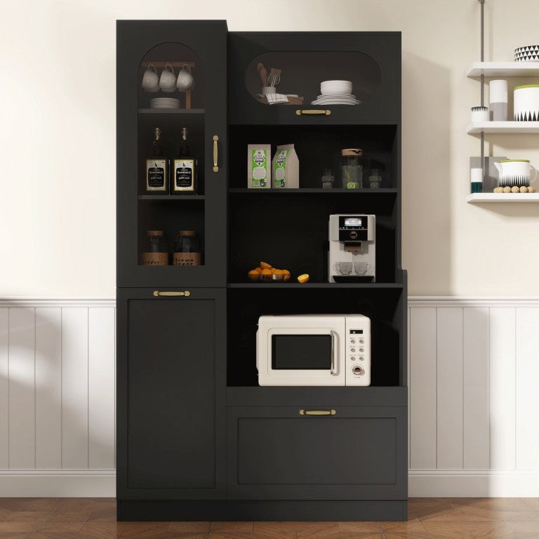 English Elm Trexm Freestanding Pantry Cabinet Arched Glass Door Matte Black Dining Kitchen Storage XW000030AAB