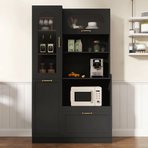 English Elm Trexm Freestanding Pantry Cabinet Arched Glass Door Matte Black Dining Kitchen Storage XW000030AAB