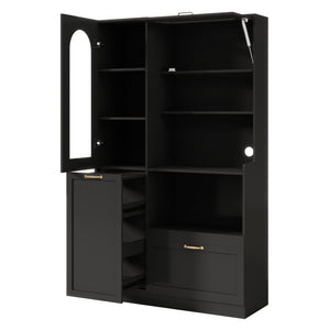 English Elm Trexm Freestanding Pantry Cabinet Arched Glass Door Matte Black Dining Kitchen Storage XW000030AAB
