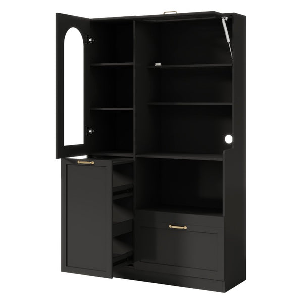 English Elm Trexm Freestanding Pantry Cabinet Arched Glass Door Matte Black Dining Kitchen Storage XW000030AAB
