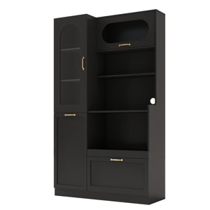 English Elm Trexm Freestanding Pantry Cabinet Arched Glass Door Matte Black Dining Kitchen Storage XW000030AAB