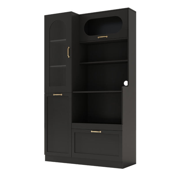 English Elm Trexm Freestanding Pantry Cabinet Arched Glass Door Matte Black Dining Kitchen Storage XW000030AAB