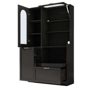 English Elm Trexm Freestanding Pantry Cabinet Arched Glass Door Matte Black Dining Kitchen Storage XW000030AAB
