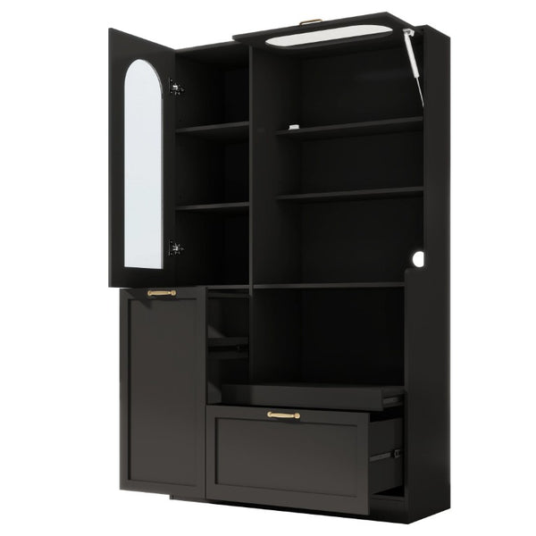 English Elm Trexm Freestanding Pantry Cabinet Arched Glass Door Matte Black Dining Kitchen Storage XW000030AAB