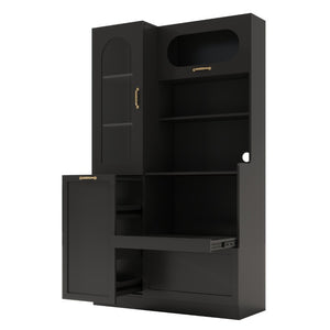 English Elm Trexm Freestanding Pantry Cabinet Arched Glass Door Matte Black Dining Kitchen Storage XW000030AAB