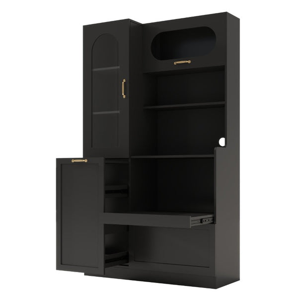 English Elm Trexm Freestanding Pantry Cabinet Arched Glass Door Matte Black Dining Kitchen Storage XW000030AAB
