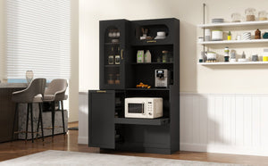 English Elm Trexm Freestanding Pantry Cabinet Arched Glass Door Matte Black Dining Kitchen Storage XW000030AAB