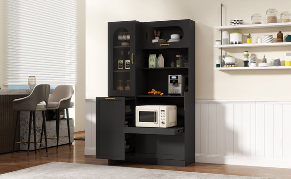 English Elm Trexm Freestanding Pantry Cabinet Arched Glass Door Matte Black Dining Kitchen Storage XW000030AAB