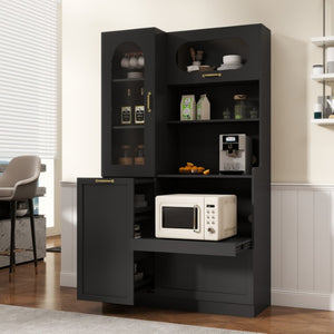 English Elm Trexm Freestanding Pantry Cabinet Arched Glass Door Matte Black Dining Kitchen Storage XW000030AAB