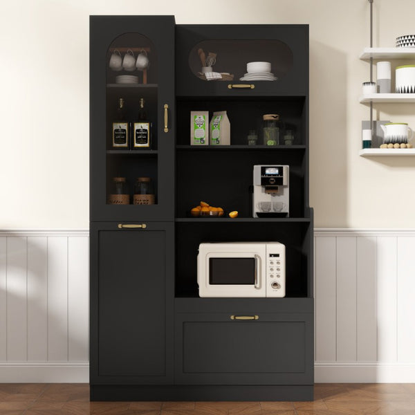 English Elm Trexm Freestanding Pantry Cabinet Arched Glass Door Matte Black Dining Kitchen Storage XW000030AAB