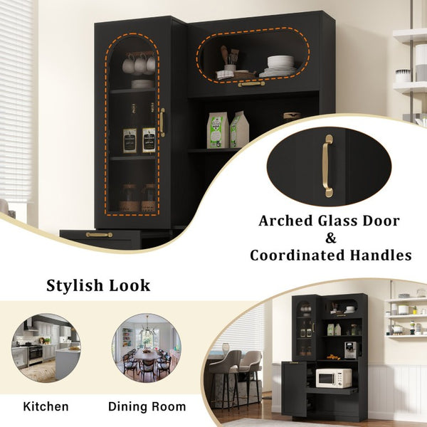 English Elm Trexm Freestanding Pantry Cabinet Arched Glass Door Matte Black Dining Kitchen Storage XW000030AAB