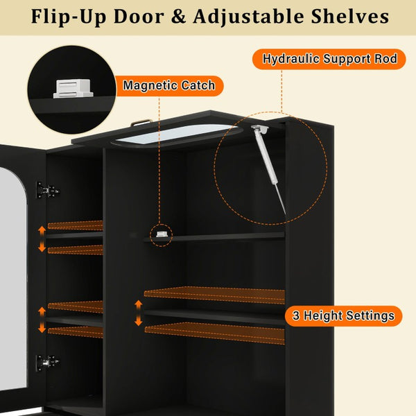 English Elm Trexm Freestanding Pantry Cabinet Arched Glass Door Matte Black Dining Kitchen Storage XW000030AAB