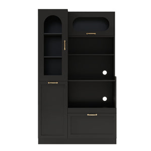 English Elm Trexm Freestanding Pantry Cabinet Arched Glass Door Matte Black Dining Kitchen Storage XW000030AAB
